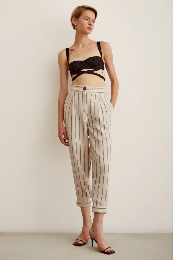Button-Front Striped Pants Striped Ecru