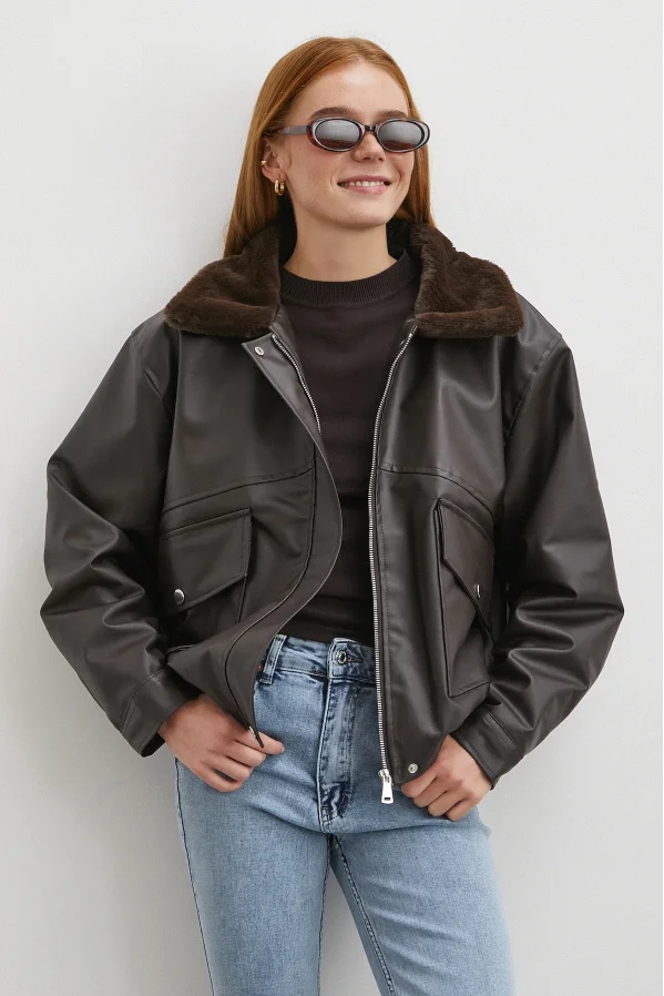 Peluş Astar Detaylı Deri Mont Kahve