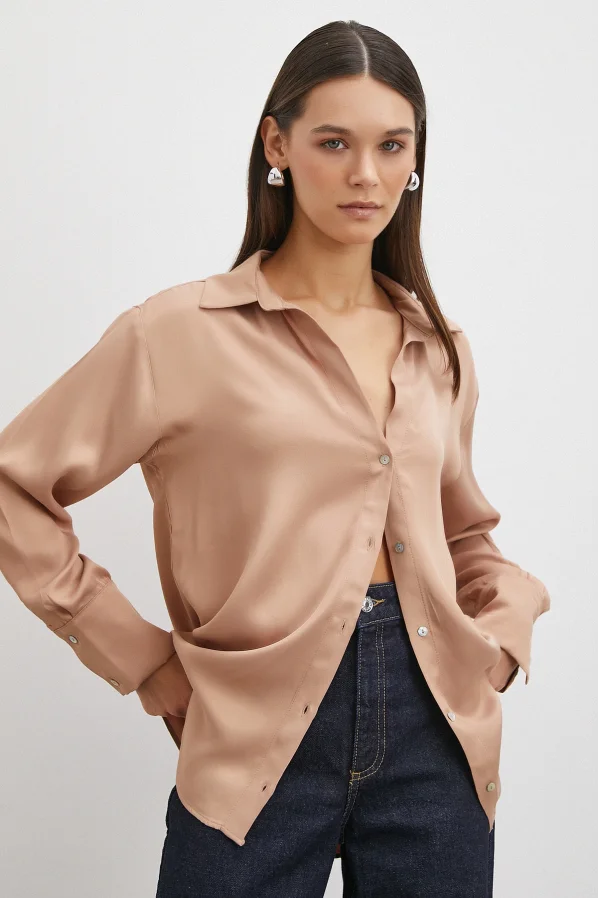 Viskon Saten Gömlek Somon