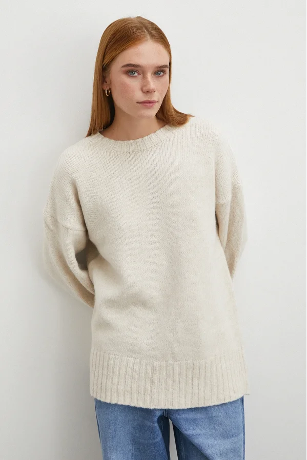 Bisiklet Yaka Fitilli Triko Kazak Ekru