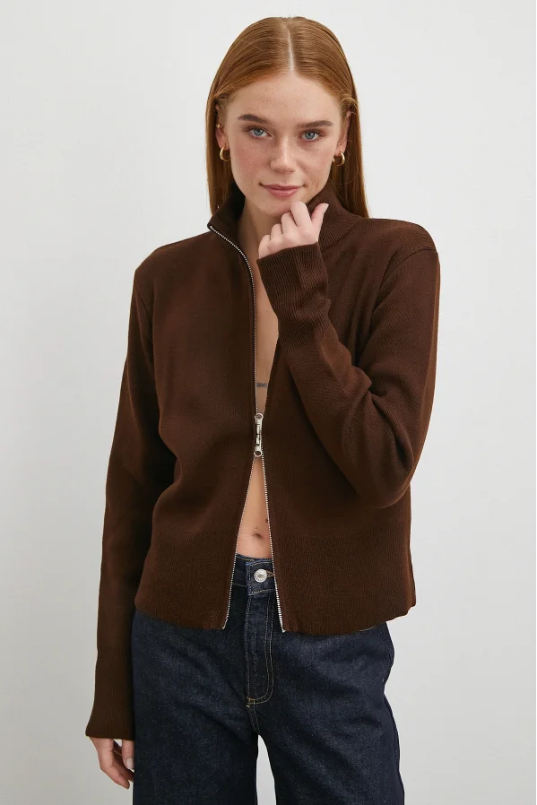 Çift Fermuarlı Triko Hırka Kahve