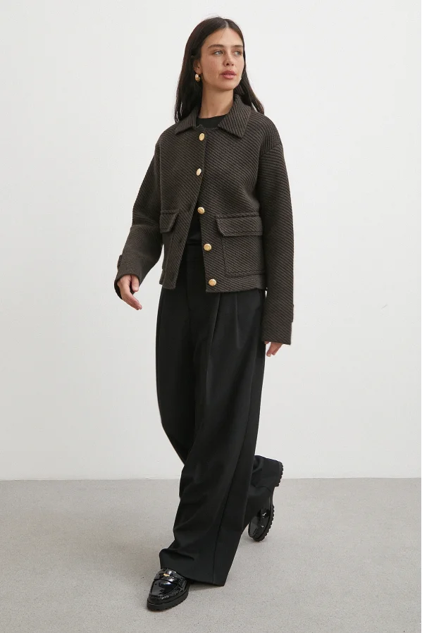 Polo Yaka Cepli Gold Düğmeli Ceket Kahve