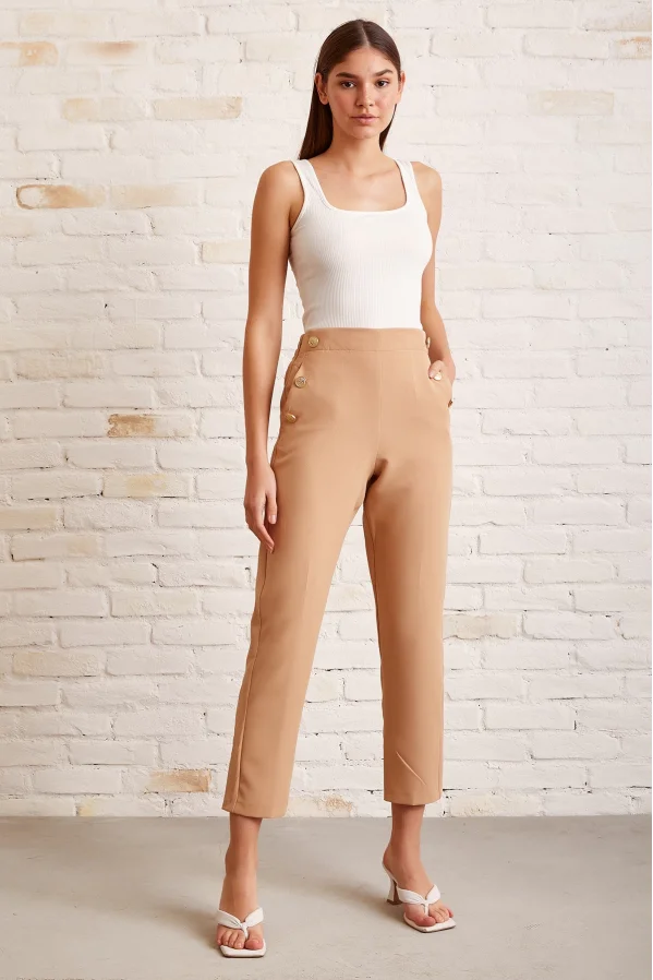 Button Detailed Slim Fit Pants Beige