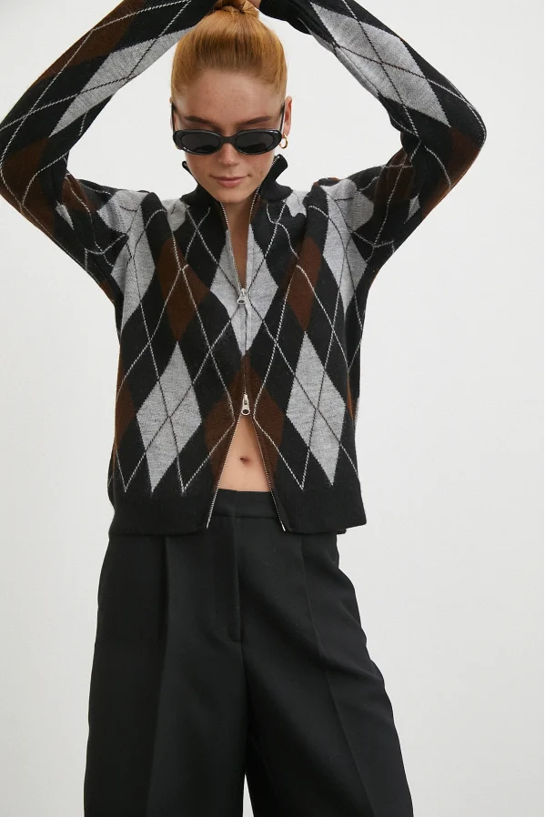 Fermuarlı Baklava Desen Kazak Siyah