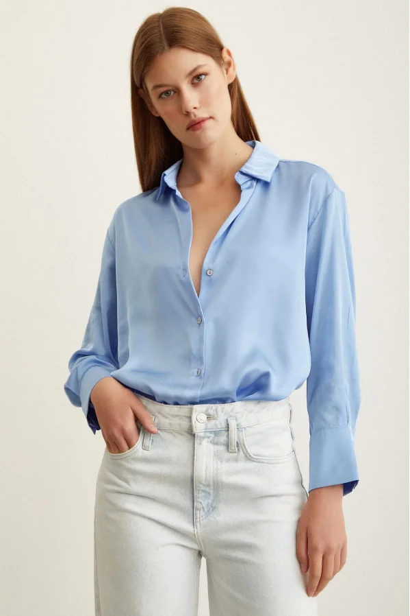Basic Saten Gömlek Mavi