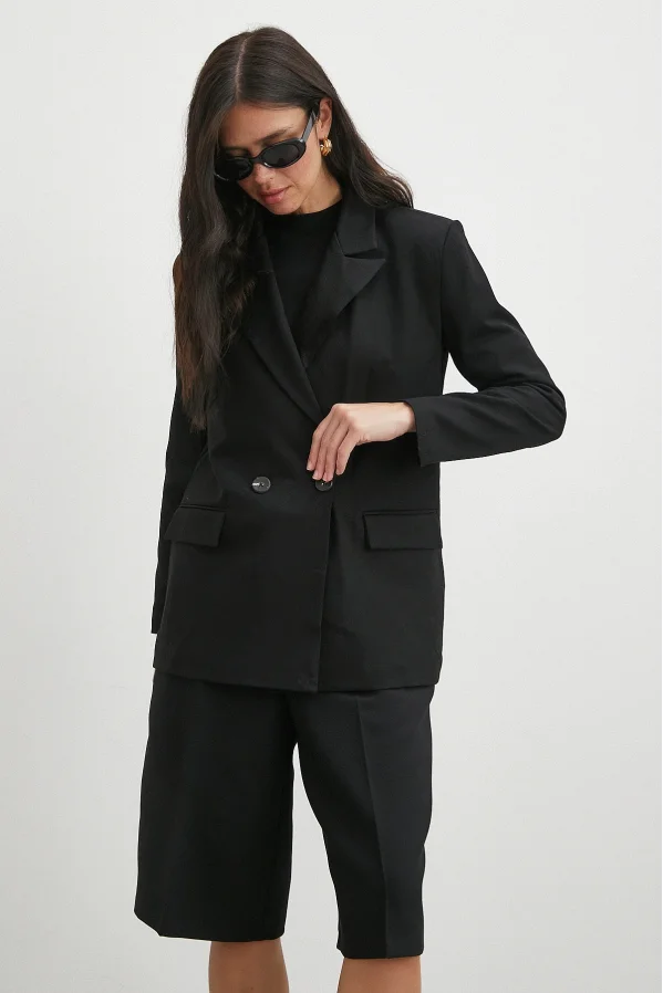 Çift Dügmeli Cep Kapaklı Blazer Ceket Siyah