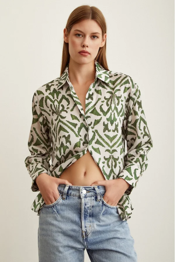 V-Ausschnitt gemusterte Satinbluse Khaki