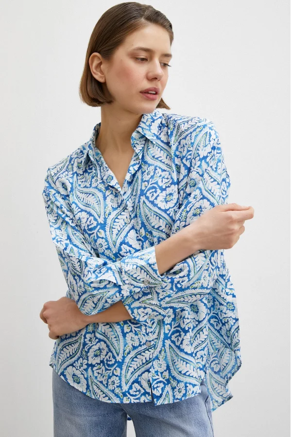 Scarf Pattern Modal Shirt Blue