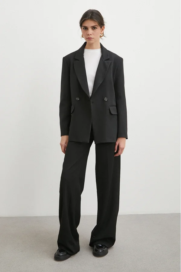 Yüksek Bel Geniş Paça Pantolon Siyah