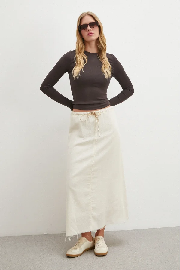 Beli Lastikli Astarlı Hasır Etek Krem