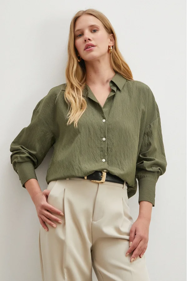 Çizgili Viskon Gömlek Haki