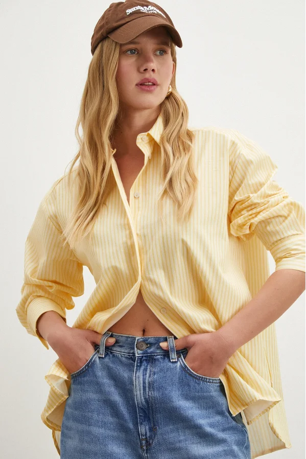 Çizgili Poplin Gömlek Sarı