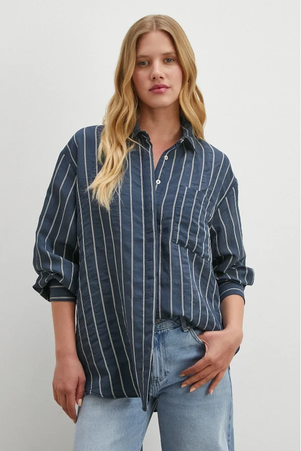 Çizgili Cepli Modal Gömlek Lacivert