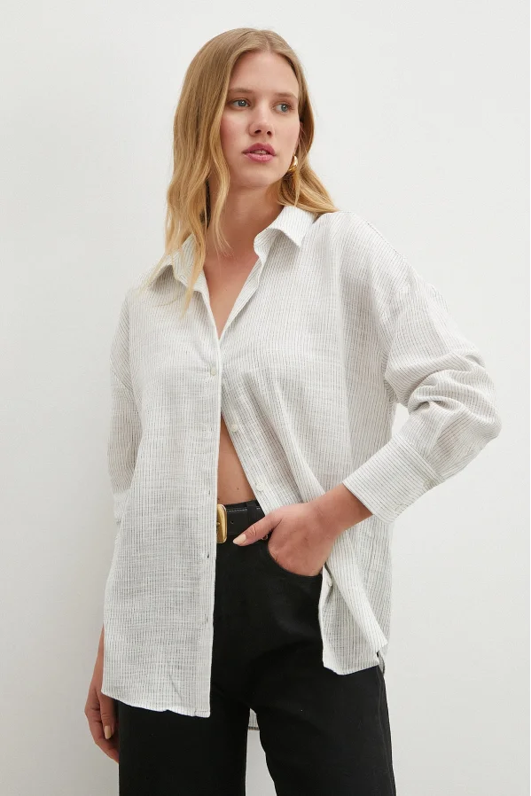 Çizgili Pamuklu Gömlek Beyaz