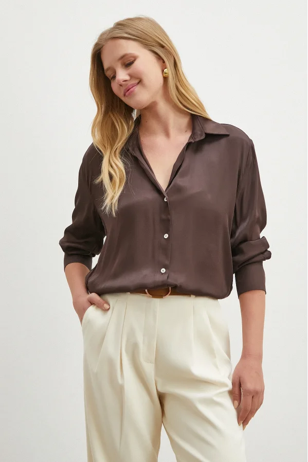 Viskon Saten Gömlek Kahve