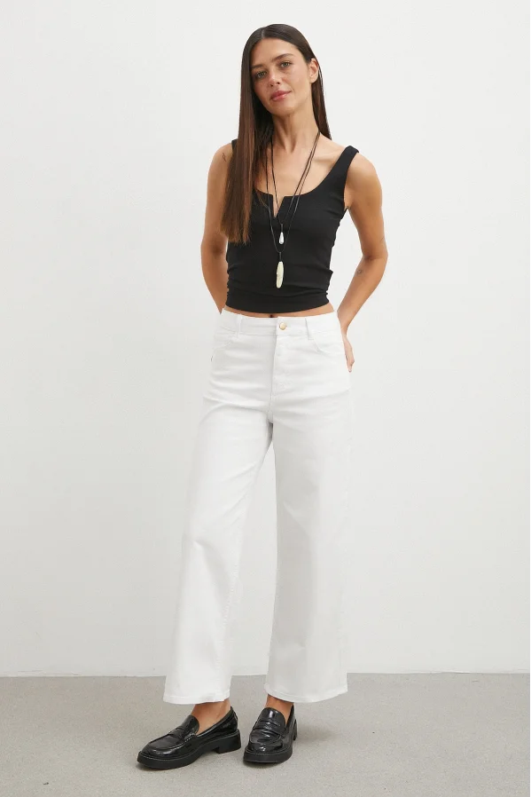 Yüksek Bel Culotte Jean Beyaz