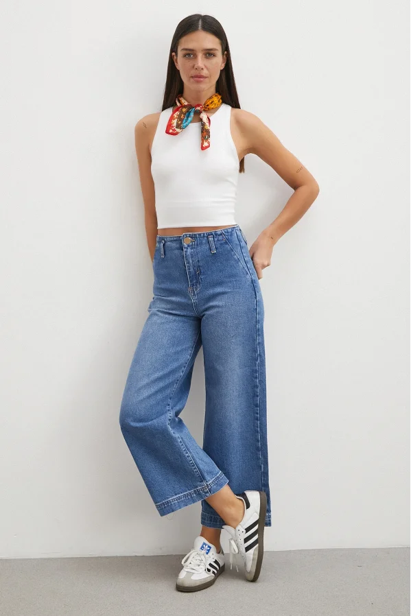 Yüksek Bel Cep Detaylı Wide Leg Jean Mavi