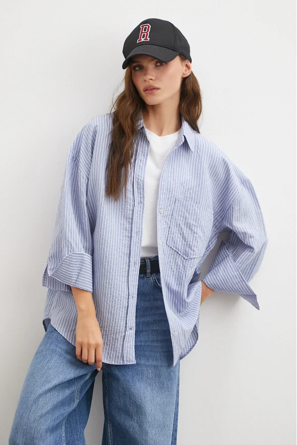 Çizgili Oversize Gömlek Açık Mavi