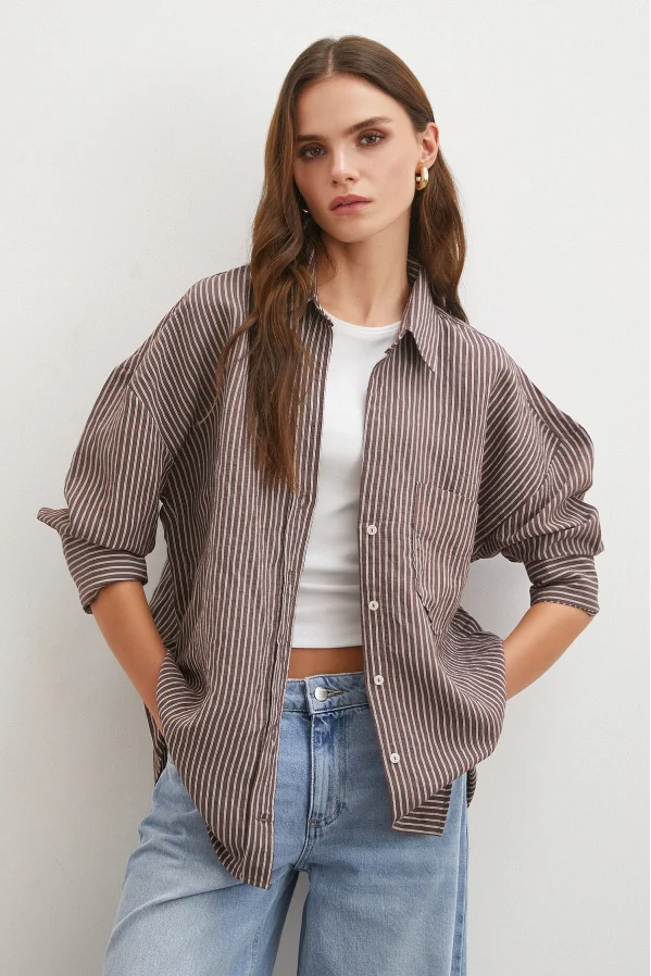 Çizgili Oversize Gömlek Kahve