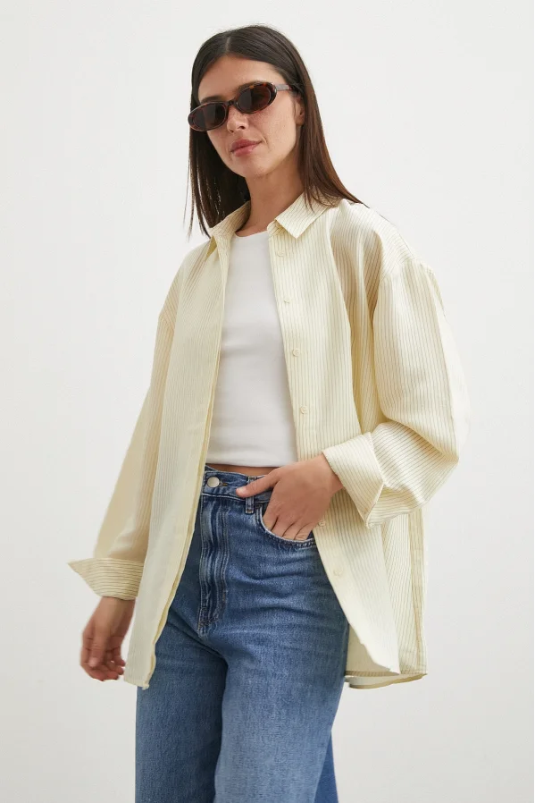 Çizgili Oversize Pastel Gömlek Sarı