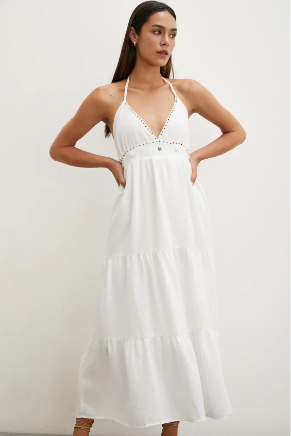 Boncuk Detay Keten Elbise Beyaz