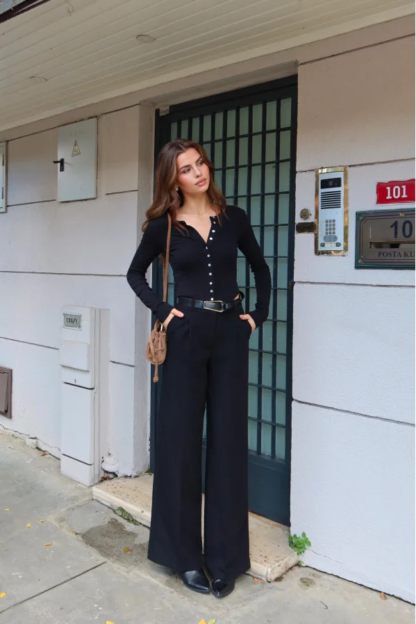 Düğmeli Uzun Kol Bluz Siyah