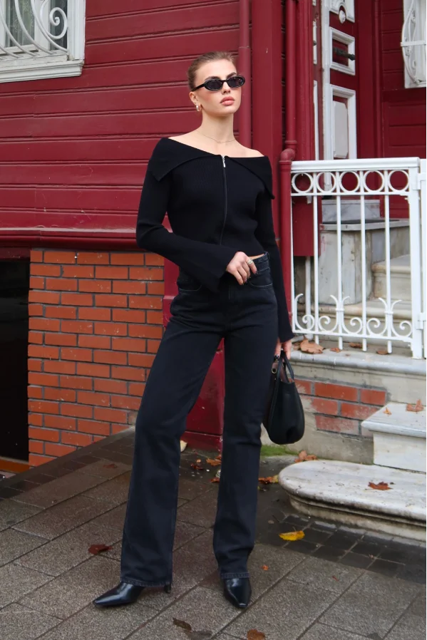 Fermuarlı Mendil Yaka Hırka Siyah