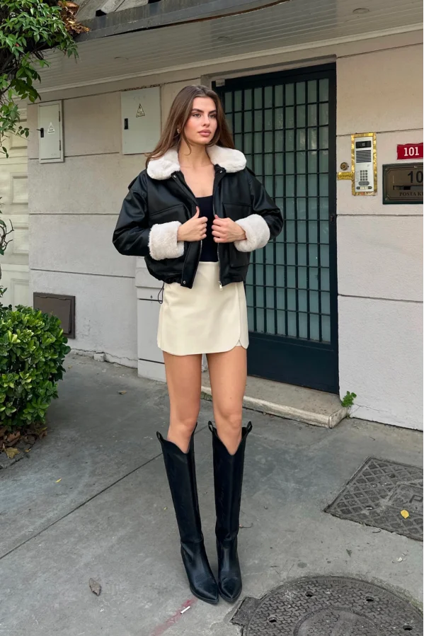 Körüklü Cep Deri Mont Siyah