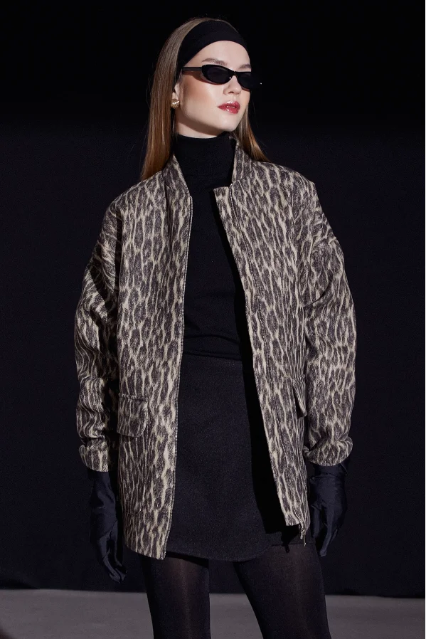 Leopardenmuster-Taschenjacke Schwarz