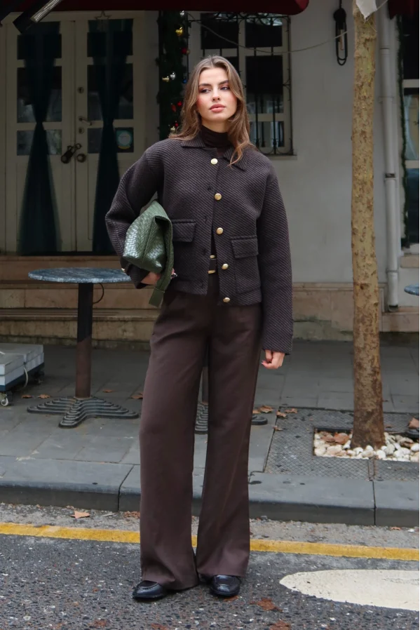 Polo Yaka Cepli Gold Düğmeli Ceket Kahve