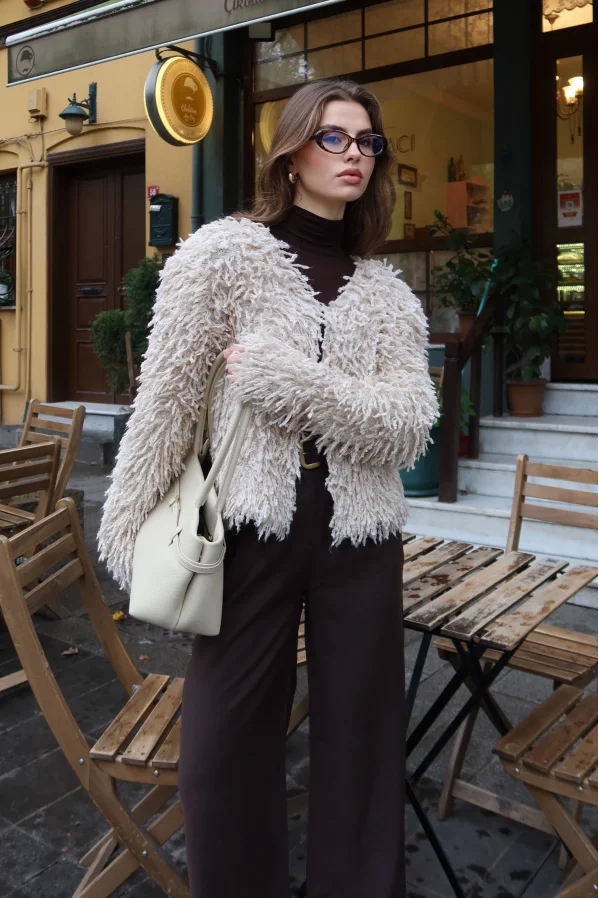 V Neck Fringed Cardigan Ecru