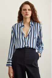 Striped Satin Shirt Navy