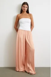 Beli Lastikli Geniş Paça Büzgülü Pantolon Pudra