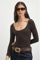 U Yaka Uzun Kollu Çıtçıtlı Bodysuit Kahve