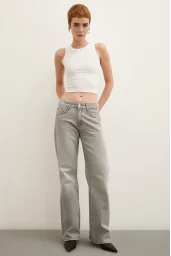 Stone Detailed High Waisted Wide Leg Jeans Smoke