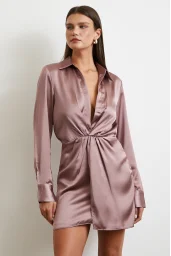 Viskon Saten Gömlek Elbise Yeşil