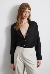 Erhaben gestreifte Satinbluse Schwarz