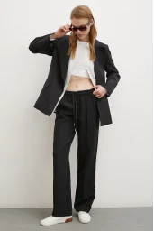 Elastic Waist Strip Pants Black