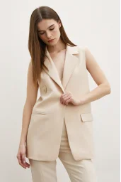 Buttoned Long Vest with Pocket Flap Beige