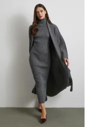 Uzun Elbiseli Hırka Triko Takım Gri