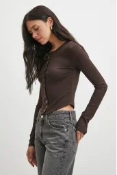 Düğmeli Uzun Kol Bluz Kahve