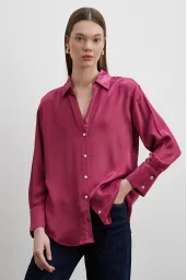 Floş Basic Saten Gömlek Mürdüm