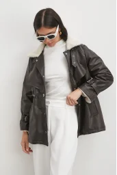 Kürklü Yaka Detaylı Deri Ceket Kahve