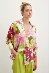 Flower Pattern Satin Shirt Pink