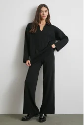 Polo Yaka Pantolonlu Triko Takım Siyah