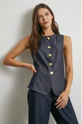 Bisiklet Yaka Metal Düğmeli Denim Yelek Lacivert