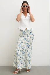 Floral Patterned Satin Skirt Blue