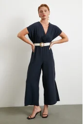 Belt Detailed Bat Sleeve Jumpsuit Navy