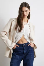 Çizgi Astarlı Dökümlü Blazer Ceket Bej