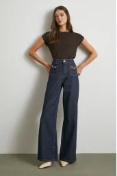 Yüksek Bel Cep Detaylı Zincirli Wide Leg Jean Lacivert
